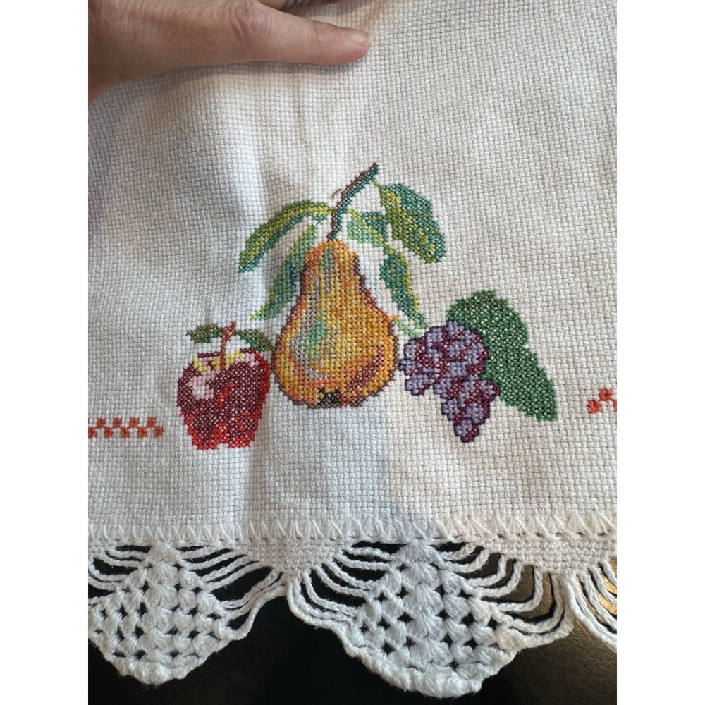 Vintage Embroidered Fruit Table Runner White Crochet Trim Cotton Festive